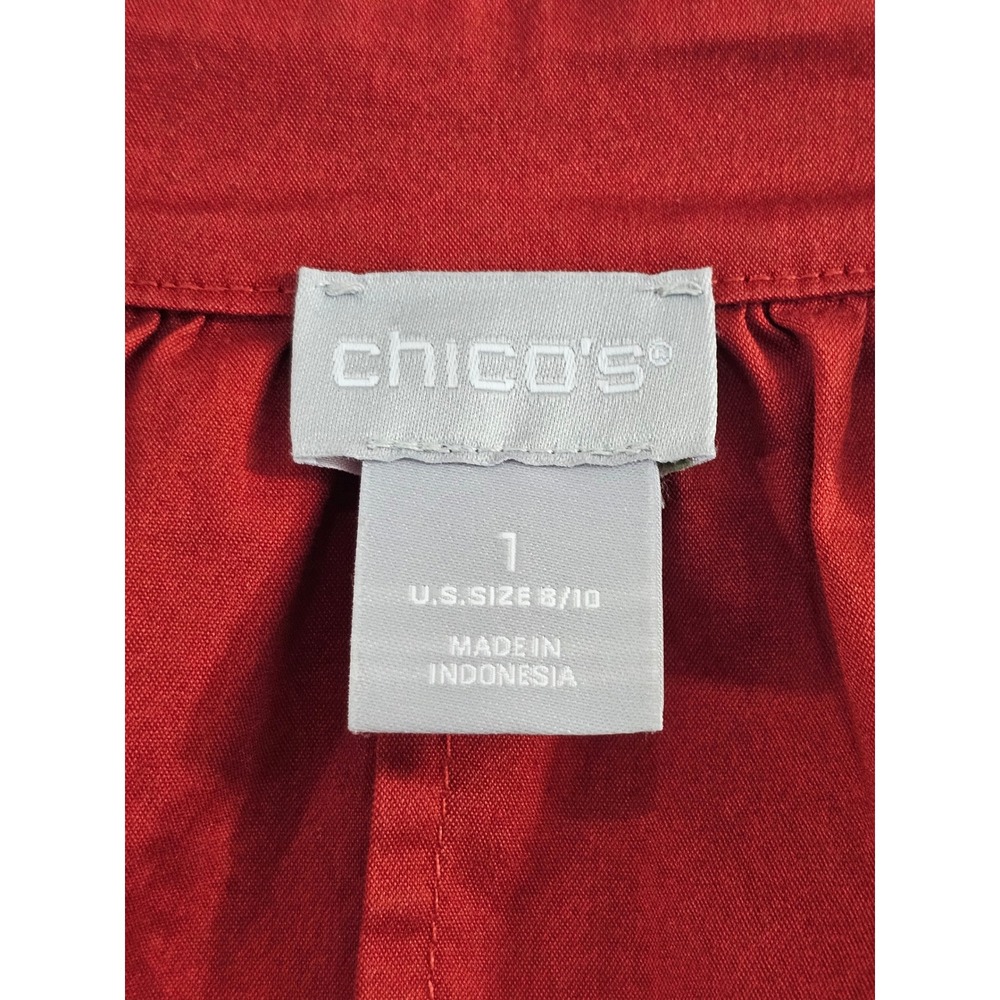 Chico's Shift Dress Women 1 8/10 Red Solid Tie Neck Pockets Cotton Blend Stretch - Picture 3 of 5